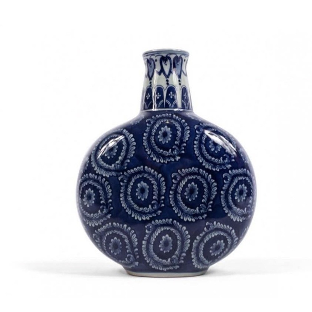 CONTEMPORARY BLUE AND WHITE FLORAL MOON FLASK VASE